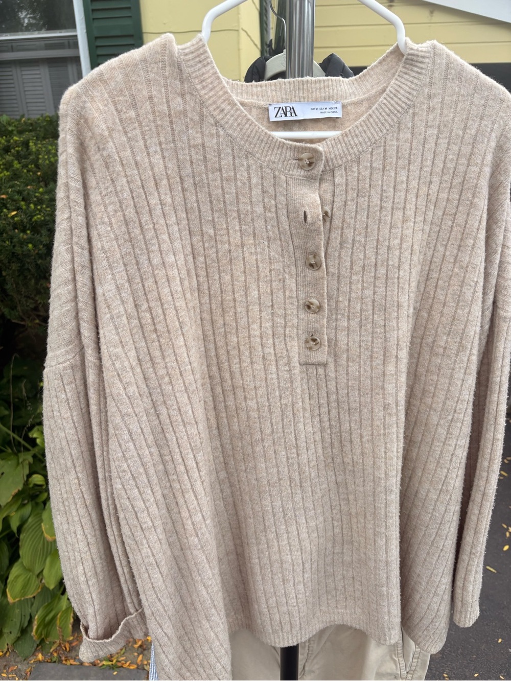 Zara Beige Ribbed Henley Crew Sweater